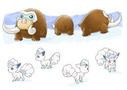 alolan_form alolan_vulpix black_eyes blue_eyes bright_pupils commentary_request gen_4_pokemon gen_7_pokemon hiraisaki mamoswine multiple_views nintendo no_humans no_mouth pokemon pokemon_(creature) pokemon_focus standing tusks white_pupils