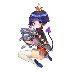 1girl animal black_cloak blue_eyes blue_hair bob_cut boots cerberus cloak crown frilled_skirt frills from_behind hades_(uchihime) holding holding_animal looking_at_viewer mini_crown red_skirt short_hair skirt tail thigh_boots uchi_no_hime-sama_ga_ichiban_kawaii white_boots