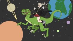 00s 1girl 4chan dinosaur riding_dinosaur drawfag epic gloves maka_albarn planet pleated_skirt riding skirt soul_eater space twintails what white_gloves