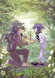 Rule 34 | 2boys, arm behind back, brown jacket, brown pants, closed mouth, danganronpa (series), danganronpa v3: killing harmony, dated, flower, giving flower, gokuhara gonta, hair between eyes, highres, jacket, kumakoro (tetsupag), lily of the valley, long hair, long sleeves, male focus, messy hair, multiple boys, necktie, oma kokichi, pants, purple hair, smile, tree, white flower, yaoi, yellow necktie