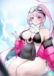 Rule 34 | 1girl, bikini, bird, black bikini, blue archive, breasts, down jacket, eimi (blue archive), eimi (swimsuit) (blue archive), goggles, goggles on head, halo, highres, jacket, large breasts, long hair, official alternate costume, open clothes, open jacket, padded jacket, penguin, pink eyes, pink hair, pink halo, pink jacket, ponytail, rakakim21112, scarf, side-tie bikini bottom, sitting, ski goggles, swimsuit, v, white scarf