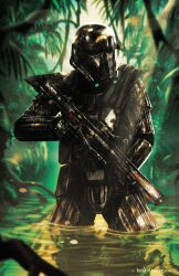 1boy armor artist_name black_armor black_helmet day deathtrooper gun helmet highres holding holding_gun holding_weapon jungle may_the_4th metaworks818 nature outdoors solo standing star_wars wading water weapon