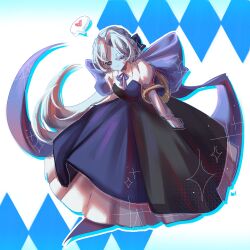 1girl aqua_sclera asymmetrical_eyelashes blue_dress blue_eyes blue_skin cloak colored_sclera colored_skin cookie_run cookie_run:_kingdom disguise dress heterochromia highres humanization long_hair long_sleeves looking_at_viewer mewmew_xi shadow_milk_cookie shadow_milk_cookie_(female) simple_background slit_pupils smile solo very_long_hair white_hair