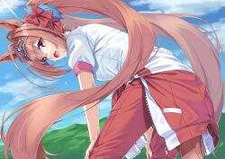 1girl absurdres animal_ears blue_sky bow brown_hair clothes_around_waist cloud commentary_request commission daiwa_scarlet_(umamusume) day fang from_side gym_shirt hair_between_eyes hair_bow hair_intakes highres horse_ears horse_girl horse_tail jacket jacket_around_waist leaning_forward long_hair looking_at_viewer looking_to_the_side miri_(ago550421) open_mouth outdoors pants pixiv_commission puffy_short_sleeves puffy_sleeves purple_eyes red_bow red_jacket shirt short_sleeves sky solo sweat tail tiara track_jacket track_pants track_suit twintails umamusume very_long_hair white_shirt