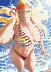 absurdres beach bikini blackberrehart blue_nails boku_no_hero_academia breasts brown_eyes earrings grin hair_slicked_back highres hoop_earrings jewelry large_breasts long_hair looking_at_viewer muscular muscular_female o-ring o-ring_bikini red-tinted_eyewear smile standing star_and_stripe_(boku_no_hero_academia) striped_bikini striped_clothes swimsuit thick_thighs thighs tinted_eyewear