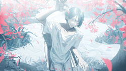 1boy absurdres arm_up artist_name collarbone commentary_request english_text highres holding holding_petal looking_at_viewer male_focus meguriya_ayumu pants petals shinonoi_kekki shirt short_hair short_sleeves sitting smile solo spot_color teeth toshi_densetsu_kaitai_center watermark wheelchair white_pants white_shirt