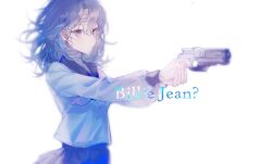 1girl backlighting bandaged_head bandages black_sailor_collar black_skirt cowboy_shot expressionless grey_hair gun handgun highres holding holding_gun holding_weapon illowine juusan_kihei_bouei_ken long_sleeves parted_bangs pleated_skirt sailor_collar school_uniform serafuku shinonome_ryouko_(juusan_kihei_bouei_ken) shirt simple_background skirt solo weapon white_background white_shirt