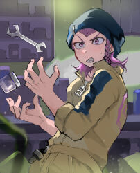 1boy arms_up beanie black_hat braid collared_jumpsuit cowboy_shot danganronpa_(series) danganronpa_2:_goodbye_despair garage hair_behind_ear hat highres jar jumpsuit looking_ahead male_focus medium_hair nervous_sweating pink_eyes pink_hair sharp_teeth shiba_ko side_braid single_braid soda_kazuichi solo striped_clothes striped_jumpsuit surprised sweat sweatdrop teeth widow&#039;s_peak wrench yellow_jumpsuit zipper_pull_tab