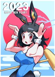 2023 animal_ears bare_shoulders black_hair blue_leotard branch egasumi extra_eyes fake_tail happy_new_year highres hyou_(hyouga617) kine leotard mallet new_year original pantyhose playboy_bunny rabbit_pose red_eyes sun sun_symbol tail wrist_cuffs