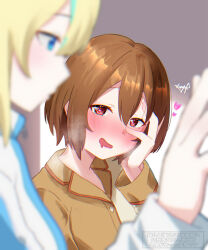 2girls absurdres blonde_hair blue_eyes blurry blush brown_eyes brown_hair brown_shirt candy chinese_commentary chocolate chocolate_heart commentary_request depth_of_field drooling food hand_on_own_face heart heart-shaped_food highres kouzuki_mahiru long_hair long_sleeves mouth_drool multiple_girls mutsuki_(mutsuki0110) open_mouth pajamas shirt short_hair yamanouchi_kano yoru_no_kurage_wa_oyogenai yuri