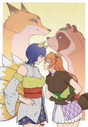 2girls absurdres asaka_karin bare_shoulders blue_eyes blue_hair blue_skirt brown_hair brown_shirt commentary detached_sleeves double_bun fox fur-trimmed_sleeves fur_trim green_sash grey_kimono hair_bun hair_ribbon highres japanese_clothes kimono kitsune konoe_kanata love_live! love_live!_nijigasaki_high_school_idol_club mayo_e miniskirt multiple_girls nijigaku_hyakkiyakou obi obijime official_alternate_costume orange_sash pleated_skirt purple_eyes purple_ribbon raccoon_tail ribbon sash shirt skirt sleeveless sleeveless_kimono symbol-only_commentary tail tanuki white_skirt