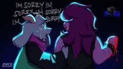 1boy 1girl animal_ears blood blood_on_hands bracelet clenched_hand colored_skin colored_teeth commentary crying deltarune english_commentary english_text furry furry_male game_screenshot_inset goat_boy goat_ears goat_horns green_robe highres holding_another&#039;s_arm horns jewelry long_hair open_mouth pink_scarf purple_hair purple_skin ralsei reference_inset reptile_girl robe scarf signature spiked_bracelet spikes spoilers susie_(deltarune) tears white_fur yellow_teeth zerocubits0506