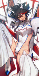 1girl absurdres black_hair detached_leggings eyelashes fake_horns gootai head_tilt highres horned_headwear horns junketsu kill_la_kill leotard matoi_ryuuko multicolored_hair parted_lips scissor_blade_(kill_la_kill) sitting solo streaked_hair toned toned_female