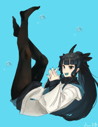 1girl absurdres air_bubble artemis_of_the_blue atelier_live billyonthestraw black_eyes black_hair black_pantyhose blue_background blue_nails blue_tongue blunt_bangs blush bubble colored_tongue ear_piercing hair_ribbon highres hood hood_down hoodie mole mole_under_eye open_mouth own_hands_together pantyhose piercing ponytail ribbon shark_fin shark_girl sharp_teeth solo submerged teeth underwater virtual_youtuber white_hoodie