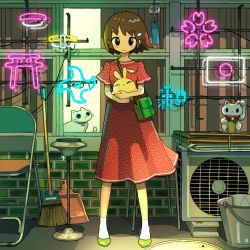 1girl absurdres air_conditioner bag bell black_hair broom brown_hair bucket cat chair commentary_request dress dustpan flower_symbol green_bag green_footwear hair_ornament highres holding jingle_bell looking_at_viewer maneki-neko neon_lights original polka_dot cleaning_rag red_dress short_hair short_sleeves shoulder_bag shuriken socks solo tao_(tao15102) torii weapon wind_chime