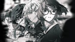 4girls from_side glasses greyscale highres looking_at_viewer monochrome multiple_girls open_mouth shirt white_shirt yoneyama_mai