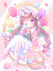 1girl :o animal_ears basket blush bonnet bow capelet commentary_request double_bun drill_hair easter_egg egg flower full_body hair_bow hair_bun highres holding holding_egg holding_watering_can long_hair long_sleeves looking_at_viewer omochi_monaka one_eye_closed original pantyhose parted_lips pink_bonnet pink_capelet pink_flower pink_shoes pink_tulip puffy_long_sleeves puffy_sleeves purple_eyes purple_flower purple_tulip rabbit_ears rabbit_girl ribbon shoes signature sitting skirt solo tulip twintails twitter_username very_long_hair watering_can white_bow white_flower white_pantyhose white_skirt yellow_flower yellow_ribbon yellow_tulip yume_kawaii