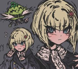 1girl absurdres blonde_hair blue_eyes blush closed_mouth crying embarrassed eyelashes frown hand_up highres multiple_views oosuzuki_kurara open_mouth the_hundred_line_-last_defense_academy- tomato