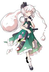 1girl black_bow black_bowtie black_hairband black_shoes blunt_bangs bow bow_hairband bowtie closed_eyes closed_mouth commentary_request dairi facing_viewer frilled_skirt frills full_body green_skirt green_vest hairband holding holding_sword holding_weapon katana konpaku_youmu konpaku_youmu_(ghost) large_variant_set mary_janes shirt shoes short_hair short_sleeves skirt skirt_set socks solo standing sweatdrop sword torn_clothes touhou transparent_background variant_set vest weapon white_hair white_shirt white_socks