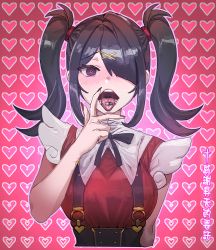 1girl @_@ ame-chan_(needy_girl_overdose) black_hair black_ribbon blouse blush bow_(bhp) cunnilingus_gesture diagonal_bangs drugs hair_ornament hair_over_one_eye hairclip hand_up heart heart_background looking_at_viewer nail_polish neck_ribbon needy_girl_overdose one_eye_covered pill pill_on_tongue purple_eyes red_shirt ribbon shirt solo tongue tongue_out twintails upper_body x_hair_ornament