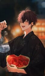 1boy :d ^_^ antenna_hair bag bagged_fish black_hair black_kimono blurry blurry_background blush closed_eyes crossed_bangs ear_piercing earrings fangs fish floral_print food hair_between_eyes hashtag-only_commentary highres holding holding_food japanese_clothes jewelry jing_(0r1_4) kimono light_particles long_sleeves male_focus night nijisanji obi open_mouth outdoors paw_earrings piercing print_kimono purple_sash saiki_ittetsu sash short_hair smile solo teeth upper_body virtual_youtuber watermark wide_sleeves