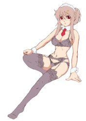 Rule 34 | 1girl, bra, breasts, brown hair, caryo, cleavage, female focus, garter belt, glasses, lingerie, maid, navel, necktie, panties, red eyes, solo, tabigarasu, thighhighs, underwear, underwear only