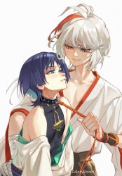 Rule 34 | 2boys, animal collar, blue eyes, blue hair, collar, coloryraven, genshin impact, highres, kaedehara kazuha, looking at another, male focus, multiple boys, orange eyes, parted lips, scaramouche (genshin impact), simple background, teeth, white background, white hair, yaoi