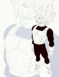 Rule 34 | 1boy, alternate costume, bodysuit, boots, dragon ball, dragonball z, earrings, fenyon, full body, gloves, jewelry, medium hair, monochrome, potara earrings, saiyan armor, simple background, solo focus, spiked hair, super saiyan, super saiyan 1, vegetto, white background, zoom layer