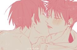 2boys adam&#039;s_apple age_difference blush eyelashes father_and_son french_kiss fushiguro_megumi fushiguro_touji hashtag-only_commentary highres hood hoodie incest jujutsu_kaisen kiss kiss_to_tomegu male_focus multiple_boys nude pink_theme scar scar_on_face scar_on_mouth short_hair simple_background tongue twitter_username upper_body white_background yaoi