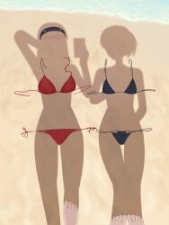 2girls absurdres amagami barefoot beach bikini black_bikini breasts commentary_request dressed_shadow_(meme) feet female_pov hairband highres implied_nudity long_hair meme morishima_haruka multiple_girls nanidato_(nanidat0) ponytail pov red_bikini sand shadow short_ponytail silhouette standing swimsuit toes tsukahara_hibiki unworn_bikini unworn_bikini_bottom unworn_bikini_top unworn_clothes