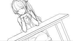 1girl blazer blush bow chair commentary cowboy_shot doki_doki_literature_club doki_doki_literature_club_plus doki_doki_literature_club_school_uniform dot_nose dutch_angle elbow_rest elbows_on_table english_commentary game_cg greyscale hair_bow hair_intakes half-closed_eyes head_on_hand head_on_hands high_ponytail highres interlocked_fingers jacket leaning_forward legs_together long_eyelashes long_hair long_sidelocks long_sleeves looking_at_viewer monochrome non-web_source official_art ponytail pov_across_table production_art satchely school_uniform seductive_smile sidelocks simple_background sitting sketch smile solo straight-on sweater_vest swept_bangs table thick_eyelashes tsurime unfinished v-neck very_long_hair white_background