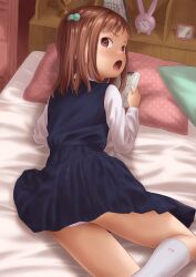 1girl annoyed book bow_legwear clock collared_shirt day dress feet_out_of_frame green_pillow hair_bobbles hair_ornament hand_mirror highres holding holding_book holding_manga indoors loli long_sleeves looking_at_viewer looking_back lying manga_(object) mirror on_bed open_mouth original panties pile_of_books pinafore_dress pink_panties red_eyes red_pillow school_uniform shelf shirt short_dress short_hair sleeveless sleeveless_dress socks solo striped_clothes striped_panties trophy underwear wadachitokakeru white_panties white_shirt white_socks