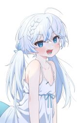 Rule 34 | 1girl, absurdres, ahoge, bare shoulders, blue bow, blue eyes, blue streaks, blush, bow, braid, crossed bangs, dress, fins, fish skeleton, fish tail, gawr gura, hair between eyes, highres, hololive, hololive english, long hair, looking at viewer, low twintails, multicolored hair, open mouth, shark girl, shark tail, solo, spaghetti strap, streaked hair, tail, twintails, ugaaaa1, virtual youtuber, white background, white dress, white hair
