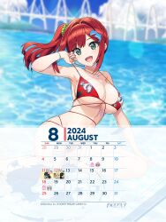 Rule 34 | 2024, absurdres, bikini, breasts, calendar, cleavage, dolphin wave, green eyes, highres, large breasts, medium hair, official art, red hair, sakimiya iruka, side ponytail, swimsuit, underboob