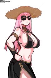 1girl absurdres adapted_costume armlet bare_shoulders bikini black_bikini black_skirt blaparky blush bracer breasts brown_hat cleavage collarbone commentary english_commentary hat highres hololive hololive_english huge_breasts jewelry long_hair mori_calliope mori_calliope_(1st_costume) navel pink_hair side_slit simple_background skirt solo stomach sun_hat sunglasses sweat swimsuit thighs twitter_username virtual_youtuber white_background