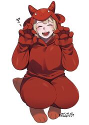 1girl 2025 absurdres animal_costume blonde_hair blush claw_pose closed_eyes dated dragon_costume dungeon_meshi facing_viewer falin_touden falin_touden_(tallman) full_body hanaichi_(hana13) highres hood hood_up japanese_text onesie open_mouth smile solo squatting