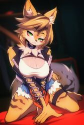 1girl animal_ear_fluff animal_ears blue_shorts body_fur breasts cleavage closed_mouth commentary denim denim_shorts english_commentary furry furry_female green_eyes highres kneeling large_breasts long_sleeves looking_at_viewer orange_fur orange_hair pulchra_fellini shirt shorts solo tail thighs two-tone_fur white_fur wildblur zenless_zone_zero