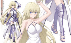 Rule 34 | 1girl, armor, armpits, bare arms, bare shoulders, blonde hair, blue eyes, blush, breastplate, breasts, cleavage, closed mouth, dress, fate/grand order, fate (series), gauntlets, greaves, hair between eyes, high heels, jeanne d&#039;arc (fate), jeanne d&#039;arc (ruler) (fate), jeanne d&#039;arc (third ascension) (fate), long hair, looking at viewer, mzrz, scabbard, sheath, smile, solo, sword, toes, weapon, white dress
