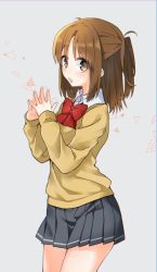 Rule 34 | 1girl, :o, blush, bow, bowtie, brown eyes, brown hair, cowboy shot, dress, fingers together, grey background, grey skirt, half updo, highres, long sleeves, looking at viewer, miniskirt, pinafore dress, pleated skirt, red bow, red bowtie, school uniform, shirt, shirt under sweater, sidelocks, skirt, sleeveless dress, solo, steepled fingers, sweater, tanka kikurage, thighs, triangle, tsukihime, tsukihime (remake), yellow sweater, yumizuka satsuki