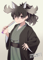 1girl adapted_costume alternate_hairstyle animal_ears antlers belt blush brown_belt brown_coat brown_eyes brown_hair coat cowboy_shot extra_ears folding_fan green_kimono hand_fan highres horns japanese_clothes kemono_friends kimono kkkkkenzen long_sleeves looking_at_viewer moose_(kemono_friends) moose_antlers moose_ears moose_girl moose_tail open_clothes open_coat ponytail smile solo tail