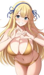 1girl bikini blonde_hair blue_ribbon blush breasts cleavage clenched_teeth commentary gold_bikini green_eyes hair_ribbon heart_hands_failure highres katsuragi_(senran_kagura) large_breasts leaning_forward long_hair navel ribbon senran_kagura signature smile solo surippa1010 swimsuit teeth white_background