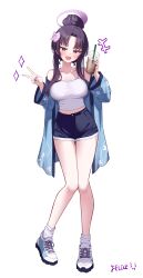 1girl absurdres alternate_costume alternate_hairstyle blue_archive blue_haori breasts bubble_tea camisole cup eyeshadow fang felice_ykr flower full_body hair_bun hair_flower hair_ornament halo haori highres holding holding_cup japanese_clothes large_breasts looking_at_viewer makeup purple_hair purple_halo red_eyeshadow short_shorts shorts skin_fang smile solo v white_camisole yukari_(blue_archive)