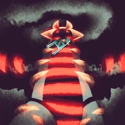animal_focus bioluminescence chair cloud commentary elemental_wings english_commentary folding_chair from_below full_body gen_4_pokemon giratina giratina_(altered) glowing glowing_eyes glowing_markings highres holding_chair legendary_pokemon looking_at_viewer mouth_hold night nintendo no_humans outdoors pokemon pokemon_(creature) red_eyes sky solo standing straight-on swirling t00thpasteface