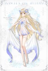 1girl absurdres alternate_costume bare_legs bare_shoulders blonde_hair blue_eyes breasts cartethyia_(wuthering_waves) character_name cleavage closed_mouth commentary covered_navel crown_of_thorns dang_geun23283 dress earrings full_body hashtag-only_commentary highres jewelry legs long_hair looking_at_viewer medium_breasts panties parted_bangs pointy_ears sandals see-through_clothes see-through_dress sidelocks smile solo tacet_mark_(wuthering_waves) toes underwear veil very_long_hair wedding_dress white_dress white_panties white_sandals white_veil wuthering_waves
