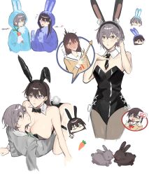 2girls alternate_breast_size animal_costume animal_ears animalization bang_dream! bang_dream!_it&#039;s_mygo!!!!! bare_arms black_leotard black_necktie black_pantyhose blood breasts brown_dress brown_hair commentary detached_collar dress english_commentary grey_hair hanasakigawa_school_uniform haneoka_school_uniform highres huge_breasts leotard linh_3l long_hair mole mole_under_eye multiple_girls necktie nosebleed onesie pantyhose playboy_bunny purple_eyes rabbit rabbit_costume rabbit_ears sailor_collar sailor_dress school_uniform shiina_taki short_hair simple_background strapless strapless_leotard takamatsu_tomori white_background white_sailor_collar yuri