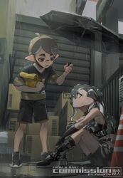 1boy 1girl ahoge artist_name bag belt belt_buckle black_belt black_boots black_gloves black_shoes black_shorts boots box breasts brown_eyes brown_hair buckle cardboard_box commission crop_top fingerless_gloves full_body gloves gradient_hair green_hair grey_eyes grey_hair grey_shirt highres holding holding_bag holding_umbrella inkling_boy inkling_player_character long_hair looking_at_another mask mouth_mask multicolored_hair nintendo open_mouth outdoors pabuk5w paper_bag parted_lips pointy_ears rain shirt shoes short_hair short_sleeves shorts sitting sneakers splatoon_(series) t-shirt takozonesu tentacle_hair traffic_cone umbrella watermark