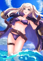 1girl bad_dobbyyyyy belt belt_buckle bikini black_robe blue_sky blush breasts brown_belt brown_eyes brown_gloves buckle cloud commentary_request dated fire_emblem fire_emblem_awakening fire_emblem_heroes floating_hair gloves highres hood hood_down hooded_robe looking_at_viewer medium_breasts navel nintendo ocean official_alternate_costume outdoors partially_submerged purple_bikini robe robin_(female)_(fire_emblem) robin_(female)_(seaside_tactician)_(fire_emblem) robin_(fire_emblem) sky solo stomach swept_bangs swimsuit teeth twintails upper_teeth_only water