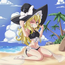 1girl arms_up barefoot beach bikini black_bikini blonde_hair blue_eyes blush bmkro bow braid breasts bush clear_sky cloud commentary_request grin hair_ribbon hands_on_headwear hat hat_bow hat_ribbon highres kirisame_marisa leaf long_hair looking_at_viewer medium_breasts navel ocean one_eye_closed palm_tree ribbon single_braid sitting sky smile solo stomach stone swimsuit thighs touhou tree tress_ribbon wariza white_bow white_ribbon witch_hat yellow_eyes
