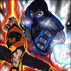 2boys bad_tag bare_arms breath chinese_text clenched_hands cold cryokinesis fire glowing glowing_eyes johnnie looking_at_viewer lowres mask mortal_kombat_(series) mouth_mask multiple_boys muscular muscular_male ninja_mask no_pupils pyrokinesis scorpion_(mortal_kombat) sleeveless sub-zero