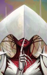 Rule 34 | 1girl, absurdres, colored skin, elesh norn, grand cenobite, female focus, finger to mouth, highres, magic: the gathering, monster girl, no eyes, no humans, red skin